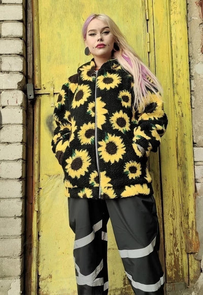 Sunflower fleece hoodie daisy print floral bomber jacket