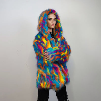 Hooded faux fur psychedelic jacket 70s bomber neon raver coat fluffy tie-dye fleece festival trench burning man going out overcoat blue pink