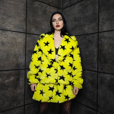 Star print coat yellow fauxfur geometric cropped bomber fluffy carnival fleece detachable sleeves festival jacket short psychedelic overcoat