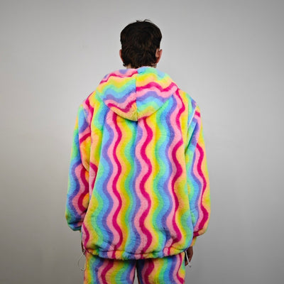 Gay jacket rainbow hoodie festival fleece bright raver bomber fluffy carnival overcoat LGBT jumper festival pullover burning man top