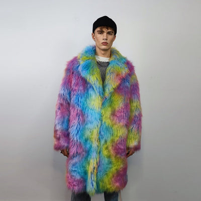 Rainbow Faux fur long coat unicorn trench neon raver bomber fluffy tie-dye fleece psychedelic festival jacket burning man going out coat