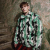 Tiger print faux fur jacket tie-dye fluffy bomber festival varsity raised neck fleece coat high fashion zebra stripe coat in green white