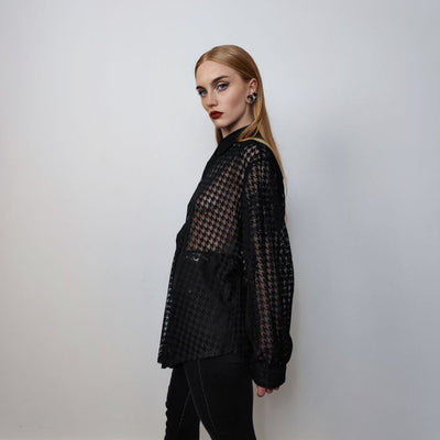 Mesh shirt long sleeve transparent top dog-tooth blouse see-through oversize gothic top sheer sweatshirt floral crotchet jumper in black