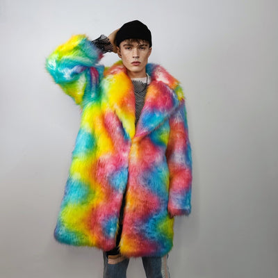 Rainbow fur long coat unicorn trench neon raver bomber fluffy tie-dye fleece psychedelic festival jacket burning man going out coat orange