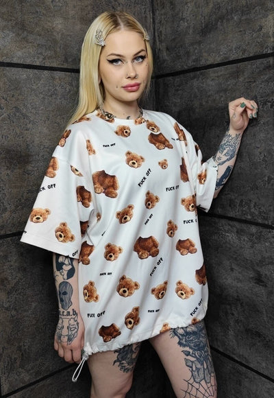 Teddy bear t-shirt handmade animal print rave top in cream