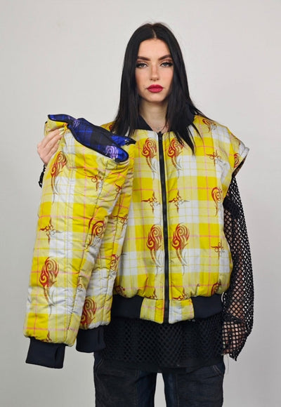 Tattoo print varsity jacket yellow check reversible bomber