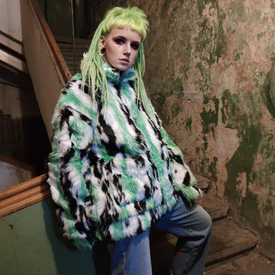 Tiger print faux fur jacket tie-dye fluffy bomber festival varsity raised neck fleece coat high fashion zebra stripe coat in green white