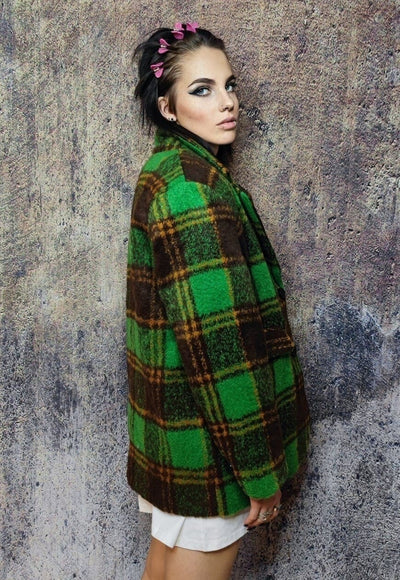 Plaid fleece blazer woollen check jacket retro bomber green