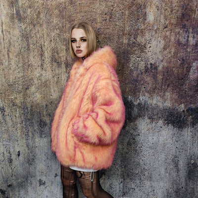 Festival faux fur jacket handmade premium fleece jacket fluffy hooded dual color luxury coat grunge bomber tie-dye puffer neon orange pink