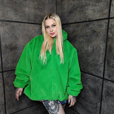 Green fleece jacket handmade detachable fluffy bomber fluorescent faux fur premium raver coat in bright neon techno green