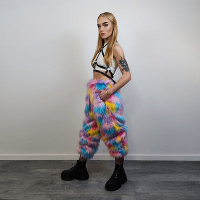 Marshmallow faux fur joggers raver pants fluffy rainbow trousers ski fleece tie-dye unicorn overalls festival bottoms burning man pants pink