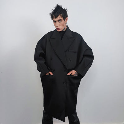 Oversize double breasted coat Gothic trench baggy catwalk jacket long punk bomber gorpcore coat formal event varsity fancy dress coat black