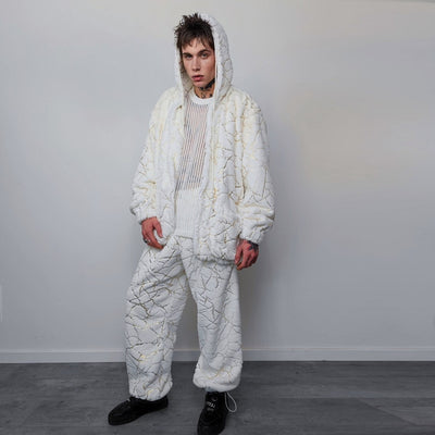 Golden faux fur joggers metallic pants handmade luminous fleece raver trousers premium party overalls in white and gold