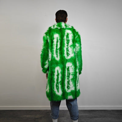 Green tie-dye coat faux fur neon shaggy trench abstract pattern overcoat bright rave bomber detachable festival jacket acid salad peacoat