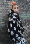 Daisy print fleece jacket handmade sunflower bomber in black