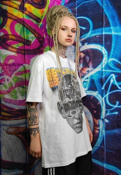 Anime print t-shirt grunge tee graffiti retro top in white