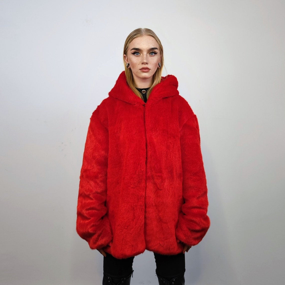 Bright red faux fur coat best sale