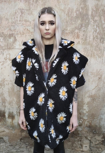 Floral fleece jacket handmade daisy trench coat in black