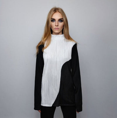 Color block top long sleeve half white half black jumper sheer sweatshirt see-through punk jumper structured going out funeral party t-shirt