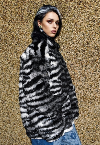 Faux fur zebra coat tie-dye stripe fleece bomber jacket grey