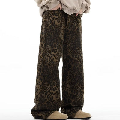 Leopard jeans unisex animal print denim trousers cheetah pants tiger spot pants flared joggers in brown