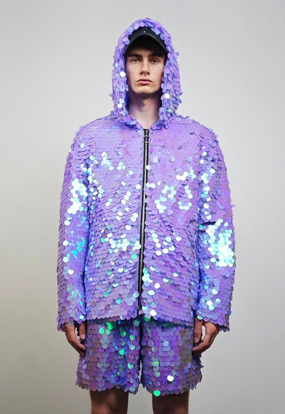 Purple sequin jacket hooded mermaid bomber holographic