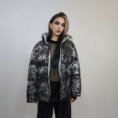 Silver sequin bomber glitter jacket sparkle puffer party varsity festival varsity fancy dress embellished coat going out top metallic grey