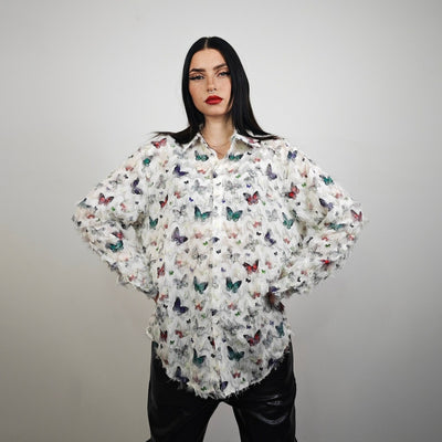 Butterfly print shirt fluffy long sleeve blouse ruffle finish romantic top retro 00s pattern jumper in off white