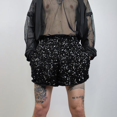 Black sequin shorts glitter pants sparkle elastic waist party trousers glam rock short joggers embellished bottoms in dark metallic