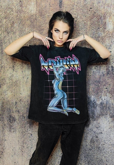 Cyber punk t-shirt grunge tee retro robot top in acid black