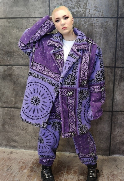 Paisley fleece jacket handmade bandanna trench coat purple