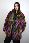 Rainbow faux fur coat parrot fuzzy jacket raised neck trench