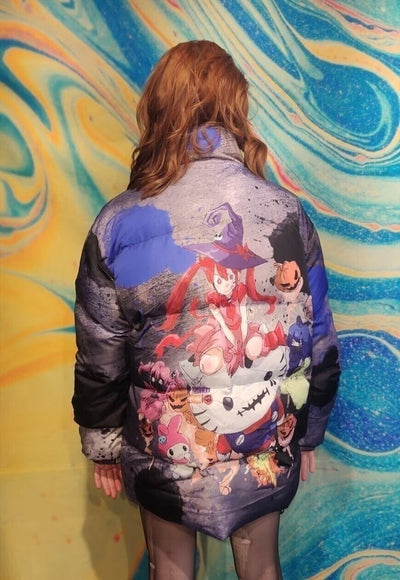 Anime bomber Hello Kitty puffer jacket tie-dye pastel blue