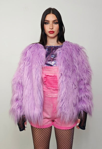 Shaggy fur coat purple collarless cropped festival trench