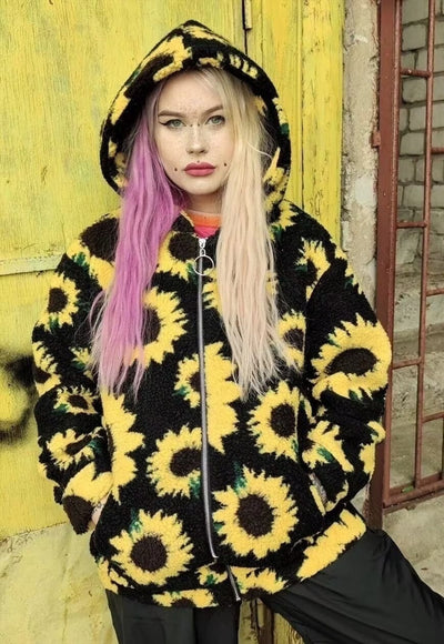 Sunflower fleece hoodie daisy print faux fur hooded jacket