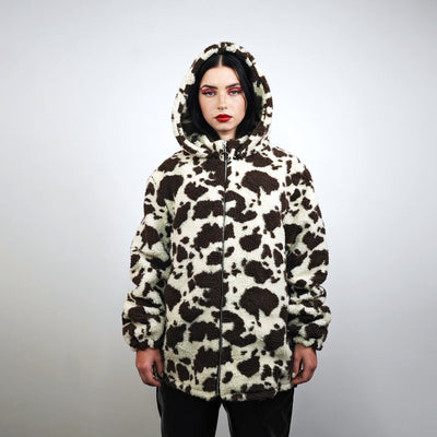 Fleece track jacket cow bomber detachable hood animal print tracksuit brown festival coat furry overcoat spot pattern pullover Dalmatian top