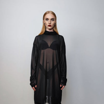 Transparent turtleneck top sheer raised neck sweatshirt see-through punk jumper thin mesh going out party t-shirt catwalk tee in black