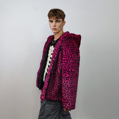 Hooded faux fur leopard jacket animal print bomber bright raver coat fluffy cheetah fleece festival puffer neon burning man overcoat in pink