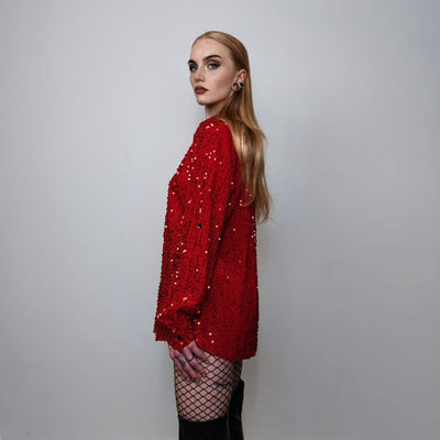 Sequin embellished shirt long sleeve glitter blouse shiny fancy dress top going out sweatshirt boho sparkly jumper in red