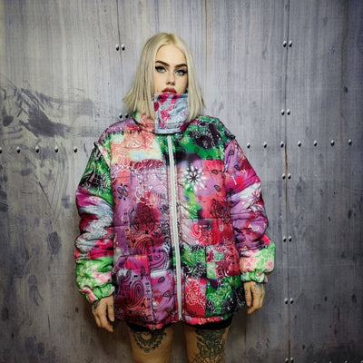 Tie-dye paisley bomber handmade detachable bandanna puffer devil horn jacket skeleton print coat in reversible jacket rainbow pink green