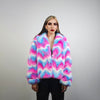 Rainbow faux fur skirt crop striped shorts festival zigzag skater skirt furry set carnival costume party pants psycho wide rave gown pink