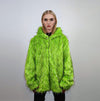 Hooded shaggy faux fur jacket neon bomber bright raver coat fluffy winter fleece luminous festival overcoat burning man fuzzy trench green