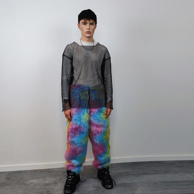 Rainbow faux fur joggers unicorn raver pants fluffy psychedelic trousers ski fleece tie-dye overalls festival bottoms burning man pants blue