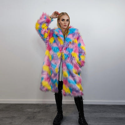 Marshmallow faux fur long coat unicorn trench raver bomber fluffy tie-dye fleece rainbow festival jacket burning man going out coat in pink