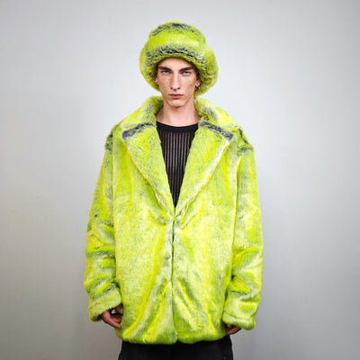 Luminous faux fur coat neon green trench oversize lemon jacket festival overcoat fluorescent peacoat rave bomber psychedelic party fleece