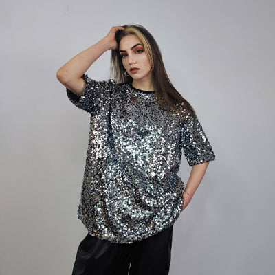 Heavy sequin t-shirt black glitter top sparkle jumper party pullover glam rock jumper fancy dress embellished going out dark metallic tee