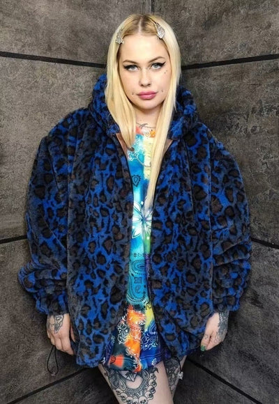 Leopard fleece jacket retro detachable sleeves jacket blue