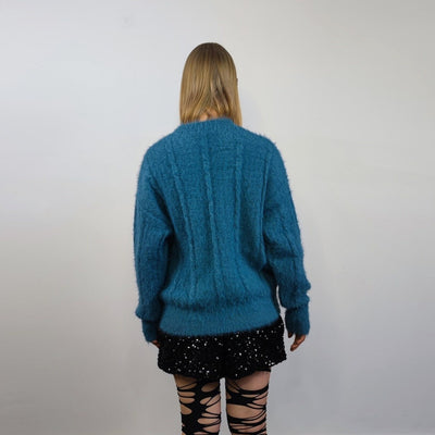 Fluffy blue sweater embellished luxury jumper long hair studded pullover going out top party sweat fancy dress knitted wedding blouse