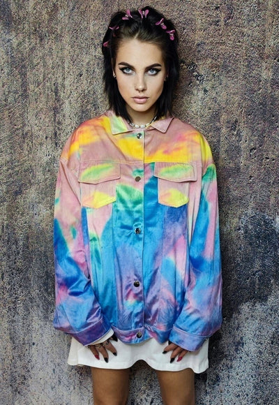 Rainbow jacket abstract print velvet bomber soft coat pink