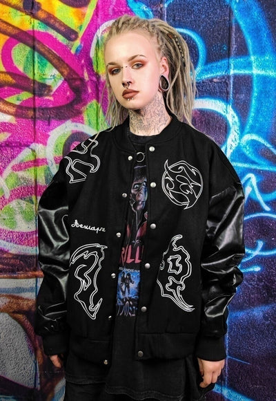 Grunge varsity jacket Gothic patch baseball bomber black